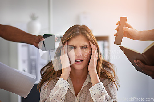 Image of Stress, overwhelmed and headache with business woman in office for overworked, multitask and anxiety. Burnout, frustrated and pressure with female employee for chaos, mental health and crisis