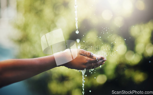 Image of Hands, water splash and cleaning in nature outdoor for hygiene, health and wellness for hydration on mockup. Aqua, hand and person washing for care, bacteria and prevent germs, dirt or dust outside.