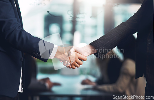 Image of Handshake, interview and hands of business people in a meeting for a deal, contract or partnership. Thank you, trust and corporate employees shaking hands for networking, recruitment or welcome