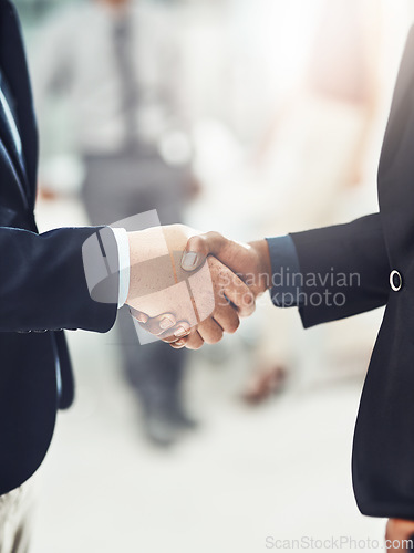 Image of Business people, handshake and meeting in partnership, deal or b2b agreement at the office. Businessman shaking hands for hiring, recruitment or corporate growth in teamwork, welcome or introduction