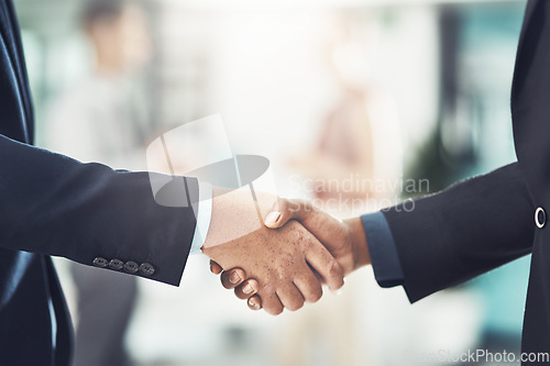 Image of Business people, handshake and meeting for hiring, partnership or deal in b2b agreement at office. Businessman shaking hands for recruitment or corporate growth in teamwork, welcome or introduction