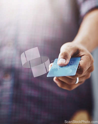 Image of Man, hand and credit card in finance for checkout payment, purchase or buying at retail store. Closeup of male person, hands or customer showing debit for shopping, transaction or banking to pay