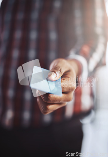 Image of Man, hand and credit card for online shopping, payment or checkout and purchase at retail store. Closeup of male person, hands or customer showing debit for ecommerce, transaction or banking to pay