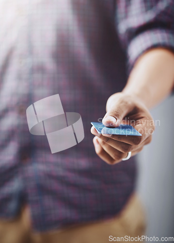 Image of Man, hand and credit card for online shopping, checkout or payment and purchase at retail store. Closeup of male person, hands or customer showing debit for finance, transaction or banking to pay