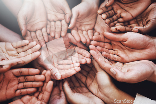 Image of Open hands, group and together with community, solidarity and support. Trust, teamwork and charity hands gesture with people and collaboration with crowd show palm and society union and commitment