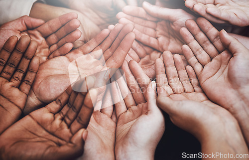 Image of Open hands, diversity and help together with community, solidarity and support. Trust, faith and charity hands gesture with people and collaboration with crowd show palm and society and commitment