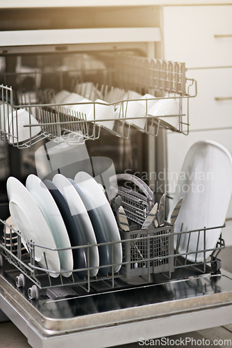 Image of Backgrounds, dishwasher and machine for cleaning dishes, washing, dirty kitchenware and easy housekeeping process. Closeup of electrical appliance with plates, cups and crockery for hygiene at home