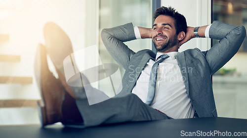 Image of Relax, success and businessman with hands behind his head after finished project in the office. Rest, calm and happy professional male employee on a break with an achievement task in the workplace.