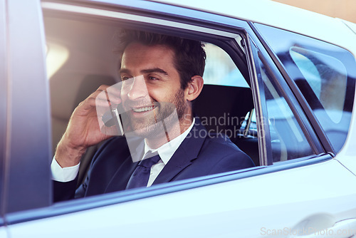 Image of Phone call, journey and business man in car, talking and speaking to contact. Cellphone, taxi and male professional calling, smile and communication, discussion or conversation in travel transport.