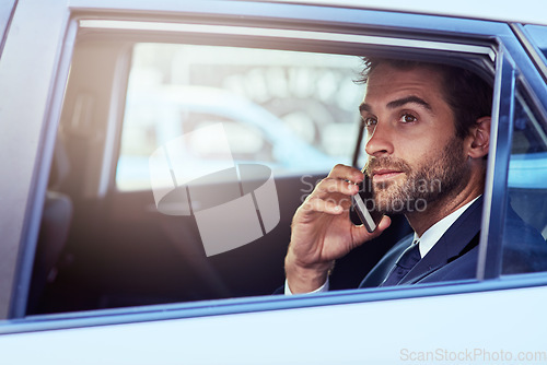 Image of Phone call, serious and business man in car, thinking and listening on journey. Cellphone, taxi and male professional calling, travel and communication, discussion or conversation in transport mockup