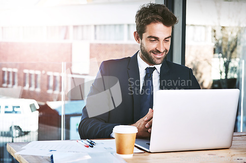 Image of Laptop, planning and business man in office for online management, research and company software or website. Happy, corporate and workplace of professional person reading email or working on computer