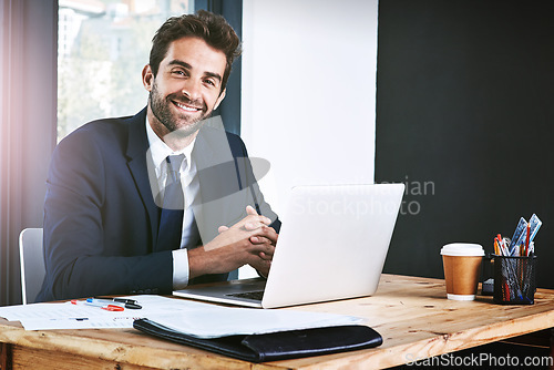 Image of Computer, portrait and business man in office, happy planning, accounting review or finance mindset with website. Face of professional person, financial expert or accountant working on laptop tech