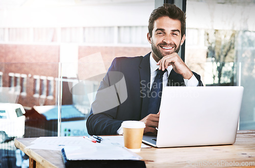 Image of Laptop, portrait and business man in office, happy planning, online research or project management on web software. Smile, corporate and face of professional person working, startup job and computer