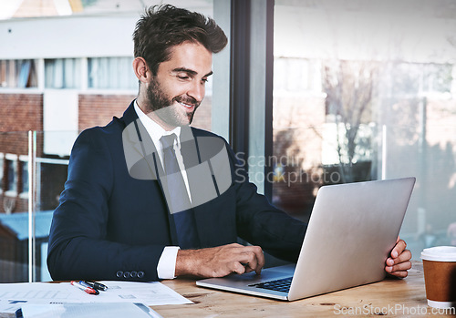 Image of Laptop, planning and business man reading email, working on website or financial research in office. Data analysis, finance or internet software of professional accountant or happy person on computer