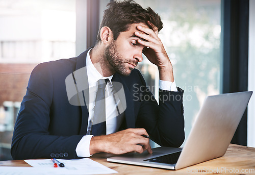 Image of Business man, stress and headache on laptop fail, news or bankruptcy, finance report and corporate budget risk. Crisis, problem and mistake, burnout or pain of accountant person reading on computer