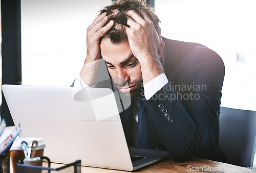 Image of Stress, frustrated and business man on laptop of news, debt review and finance report, budget risk or job anxiety. Crisis, problem and mistake, glitch or burnout of accountant person fail on computer