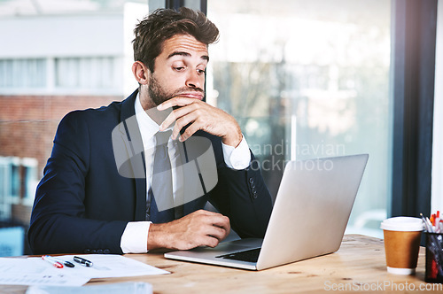 Image of Business man, stress and anxiety on computer news, feedback or review of finance report, corporate budget or risk. Crisis, problem and mistake, burnout or confused accountant person reading on laptop