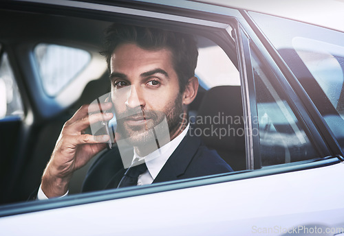 Image of Phone call, travel and business man in car, thinking and speaking on journey. Cellphone, taxi and male professional calling, listening and communication, discussion or conversation in motor transport