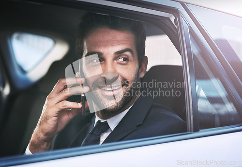 Image of Phone call, happy and business man in car, thinking and speaking on journey. Cellphone, taxi and male professional calling, smile and communication, discussion or conversation in transport to travel.
