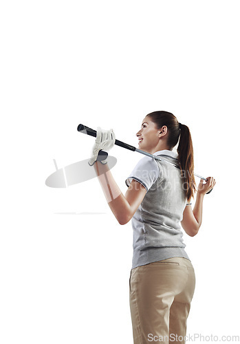 Image of Fitness, golf and woman athlete in studio contemplating with a steel club equipment for game. Fitness, pensive and professional female golfer thinking about golfing match isolated by white background