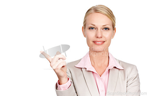 Image of Portrait, pointing and woman with mockup, business and entrepreneur isolated against white studio background. Face, female person or consultant with hand gesture, decision or opportunity with choices