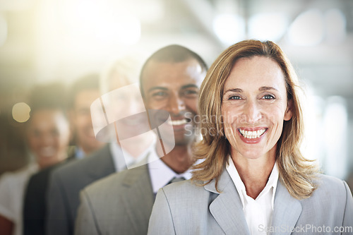 Image of Happy business woman, portrait and team in leadership, management or diversity at the office. Face of corporate executive or diverse group smiling for teamwork, unity or company vision at workplace