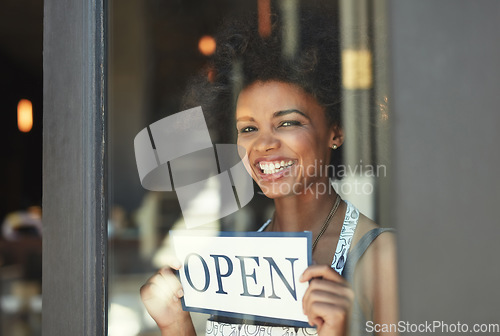 Image of Open sign, cafe window or portrait of woman, small business owner or barista with coffee shop poster for welcome. Retail sales, restaurant or female person, entrepreneur or waitress for startup store