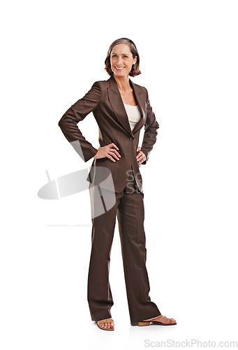 Image of Portrait, business woman and happy akimbo in studio isolated on a white background. Motivated, boss and mature female ceo, professional and executive from Australia with smile for confidence mindset.