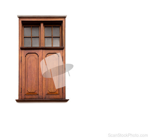 Image of Door, wood and isolated home design in a studio with white background and architecture. Vintage, retro and woodwork of doors and window with frame and glass of shutter with mockup and wooden detail