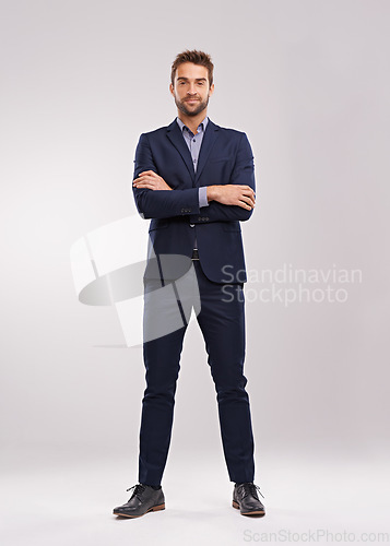 Image of Full body portrait of business man, arms crossed with confidence isolated on studio background. Professional mindset, career success and mockup space with corporate male employee and leadership