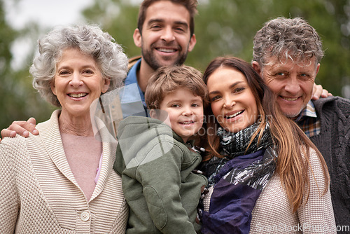 Image of Family, grandparents and portrait of parents with kid in a park on outdoor vacation or holiday together. Face of old people, happiness and happy mother and father for love or care in nature