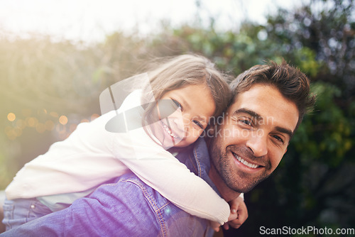 Image of Happy, piggyback and portrait of father and daughter in nature for bonding, laughing or affectionate. Smile, relax and happiness with man carrying young child in park for support, weekend and hugging