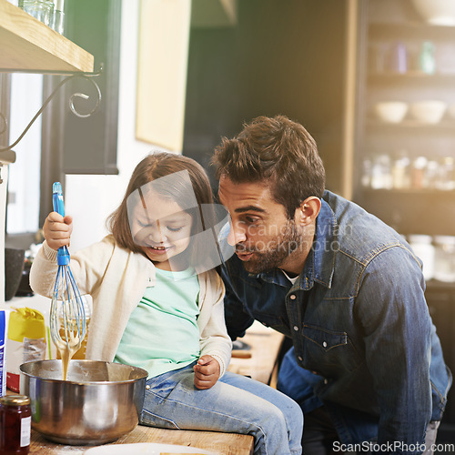 Image of Cooking, breakfast and father with daughter in kitchen for pancakes, bonding and learning. Food, morning and helping with wow man and girl in family home for baking, support and teaching nutrition