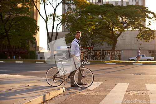 Image of Crosswalk, bike and business man in city for morning, sustainable travel and carbon footprint. Cycling, transportation and urban with employee walking on commute for journey, transit and professional