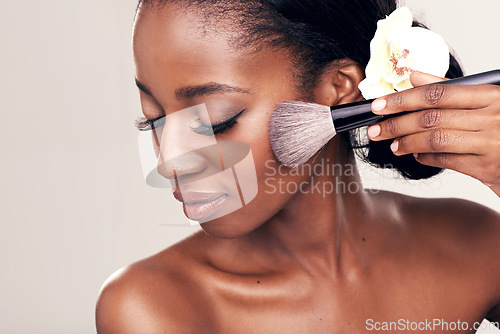 Image of Brush, elegant makeup and face of black woman with mockup in studio with cosmetic application tool. Skincare, blush and cosmetics, beauty model with luxury contour powder on cheek on white background