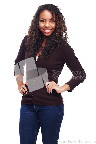 Image of African teen, girl and fashion portrait with confidence in studio with casual outfir and cosmetics. White background, young face and female person with teenager and gen z style with pride and makeup