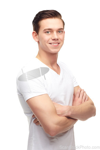 Image of Fashion, arms crossed and smile with portrait of man in studio for confident, positive and casual. Trendy, happy and face with male model isolated on white background for happiness, natural and cool