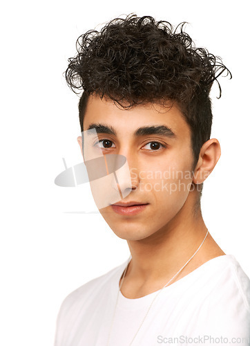 Image of Fashion, youth and portrait of man in studio with confidence, attractive and pride on white background. Smile, confident and face of isolated handsome young male person with trendy casual clothes