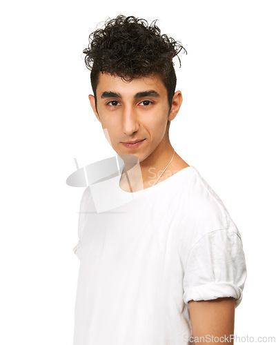 Image of Fashion, confident and portrait of man in studio with confidence, attractive and pride on white background. Youth, smirk and face of isolated handsome young male person with trendy casual clothes