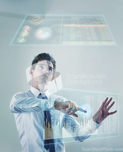 Image of Business man, point and stock market on dashboard, holographic interface and planning trading strategy. Entrepreneur, businessman or futuristic graph with 3d hologram, finance or investment analysis