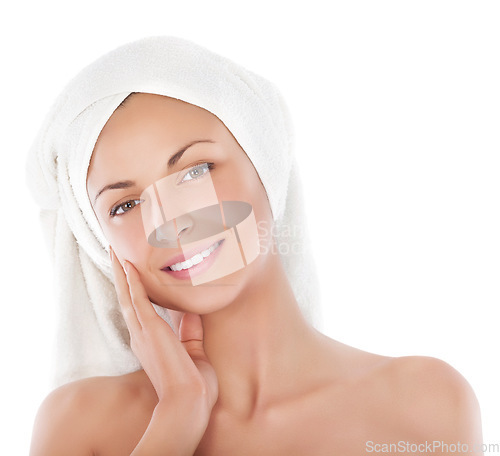 Image of Skincare, portrait and happy woman with towel in studio for cosmetics, dermatology and results on white background. Soft, beauty and lady touching her face after cleaning, shower or hair care routine