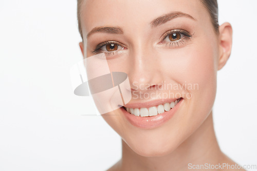 Image of Smile, dental care and portrait of a woman with treatment isolated on white background in studio for beauty. Happy, face closeup and model showing teeth for oral hygiene and healthy, natural skin