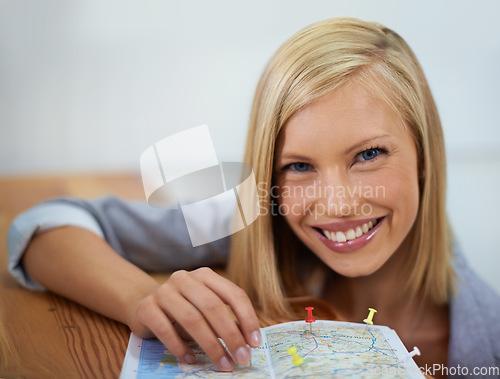 Image of Travel agent, map pin and portrait of happy woman planning sightseeing destination, holiday location or world tour adventure. Tourism agency, service and face of person smile for transport route plan