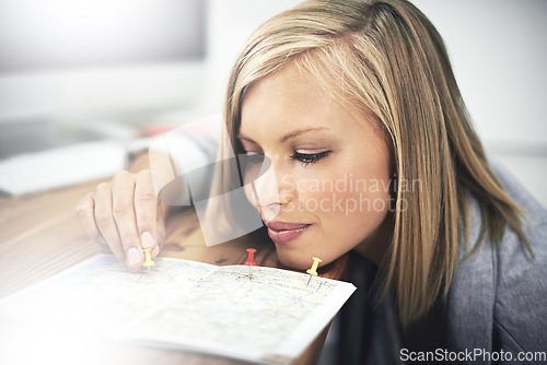 Image of Travel agent, map pin or face of woman planning sightseeing destination, holiday location or world tour adventure. Satisfaction, tourism agency service or female consultant working on transport route