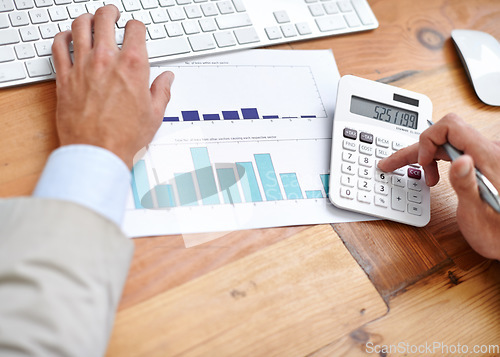 Image of Hands, closeup and man with calculator, graphs and keyboard with a budget, worker and inflation. Male worker, employee or consultant with technology, planning and economy with investment or documents