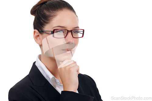 Image of Thinking face, focus and business woman contemplate question, decision or choice over plan, ideas or strategy. Serious, studio planning sand female consultant agent isolated on white background