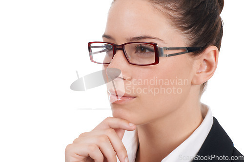 Image of Thinking face, corporate and serious woman focus on question, choice or studio decision plan, ideas or strategy. Brainstorming, planning consultant and female agent isolated on white background