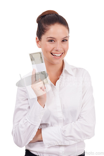 Image of Portrait, dollars and happy woman with money, business revenue or cash bills for studio savings, budget or salary. Bonus, prize winner and person with financial success isolated on white background