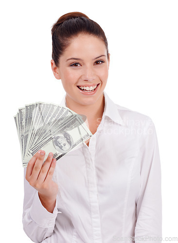 Image of Business woman, money fan and studio portrait for investment, winning and achievement by white background. Isolated businesswoman, cash prize and success for winner with bonus, goal and profit