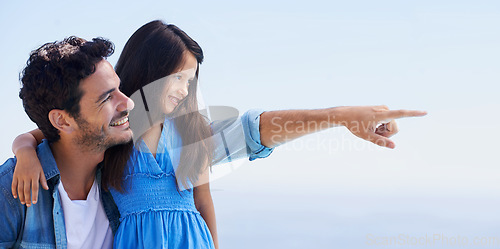 Image of Love, blue sky and happy father, child and pointing at outdoor view, direction and natural freedom. Wellness, peace or relax dad, papa or man bonding, support and care for daughter, girl or youth kid